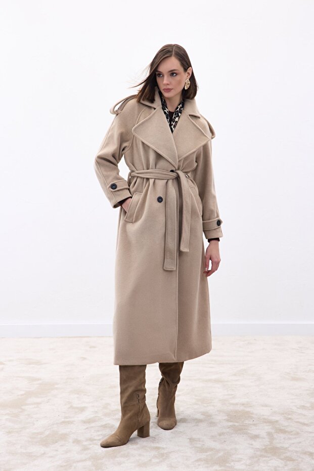 Wide Collar Long Coat - Beige