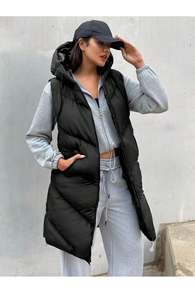 Women's Black Long Hooded Side Zipper Slit Puffer Vest