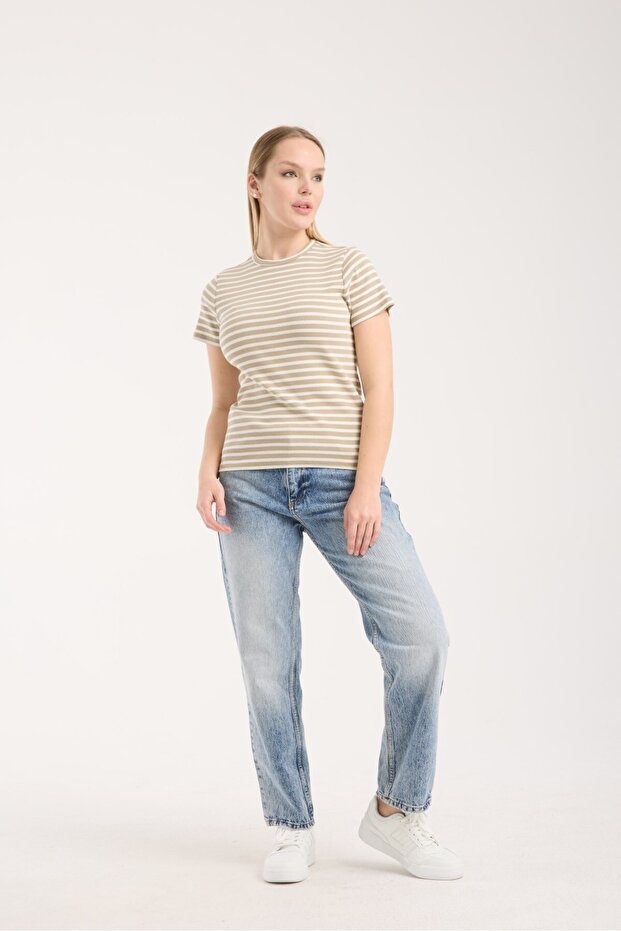 Women's Stretchy Ribbed Striped Basic Short Sleeve Crew Neck Slim Fit Comfortable Casual Use T-Shirt 6015