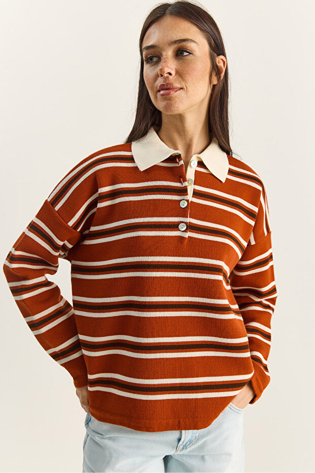 Women's Tile Polo Collar Striped Basic Knitwear Sweater 20258061