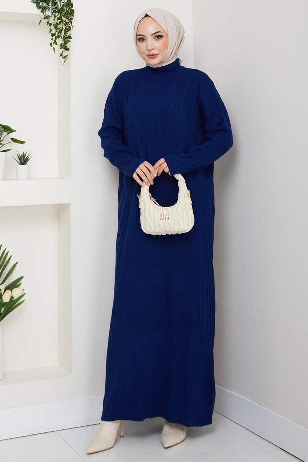 Corded Fabric Knitwear Dress Navy Blue Hm2247