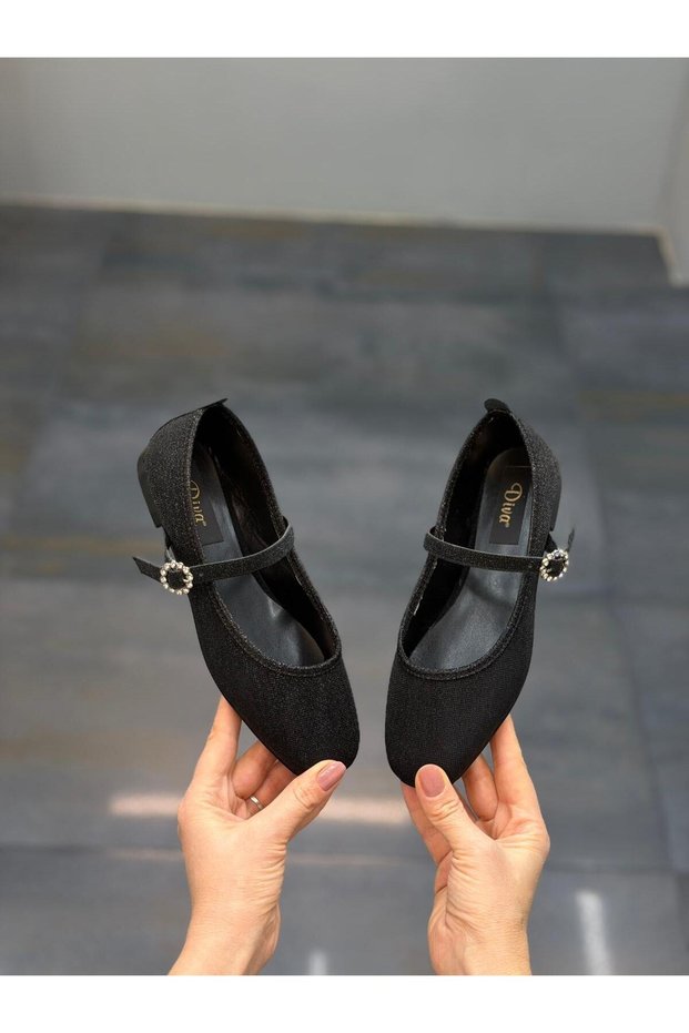 Black Glittery Strappy Women's Casual Ballerinas