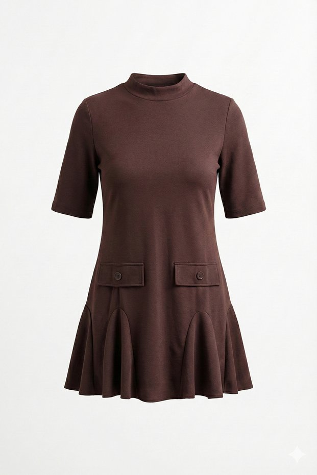 Women's Bitter Brown Modal Fabric Cotton Pocketed Flounce Ruffle Mini Dress