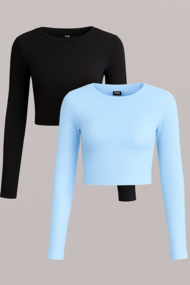 2 Pcs Women's Ribbed Crew Neck Ribbed Knit Cropped Blouse