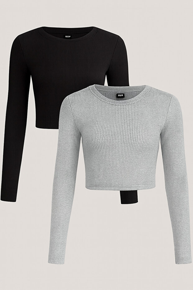 2 Pcs Women's Ribbed Crew Neck Ribbed Knit Cropped Blouse