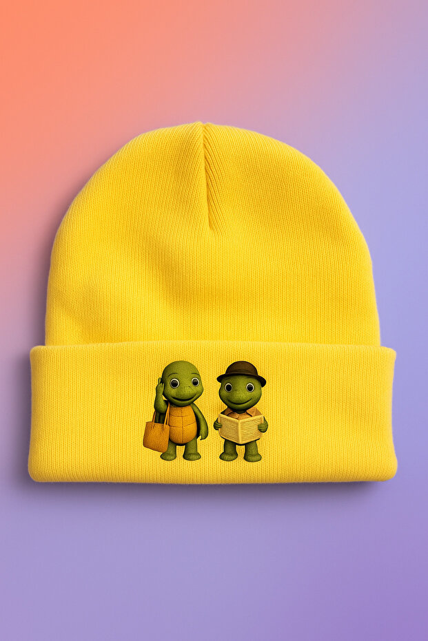 Middles & Niddles Character Printed Yellow Beanie – Child & Adult Compatible, Winter Warm Hat