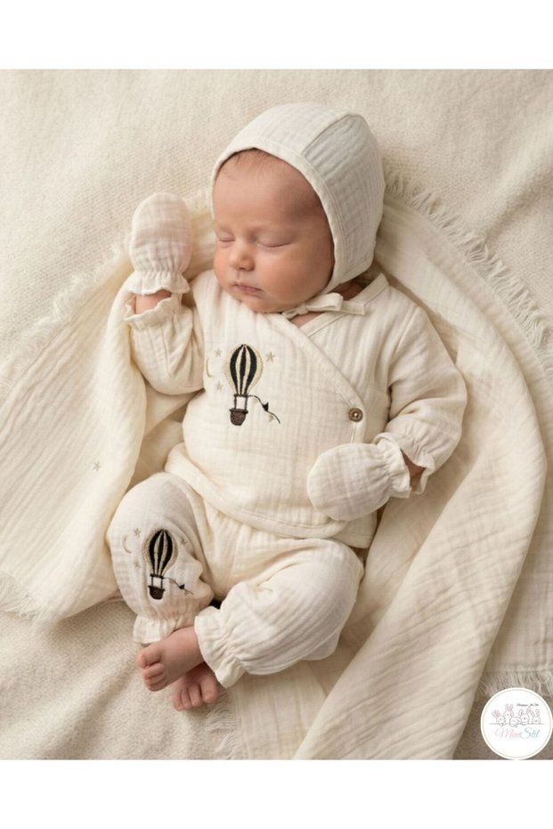10-Piece Muslin Hospital Release 100% Cotton Balloon Embroidered Cream Newborn Set