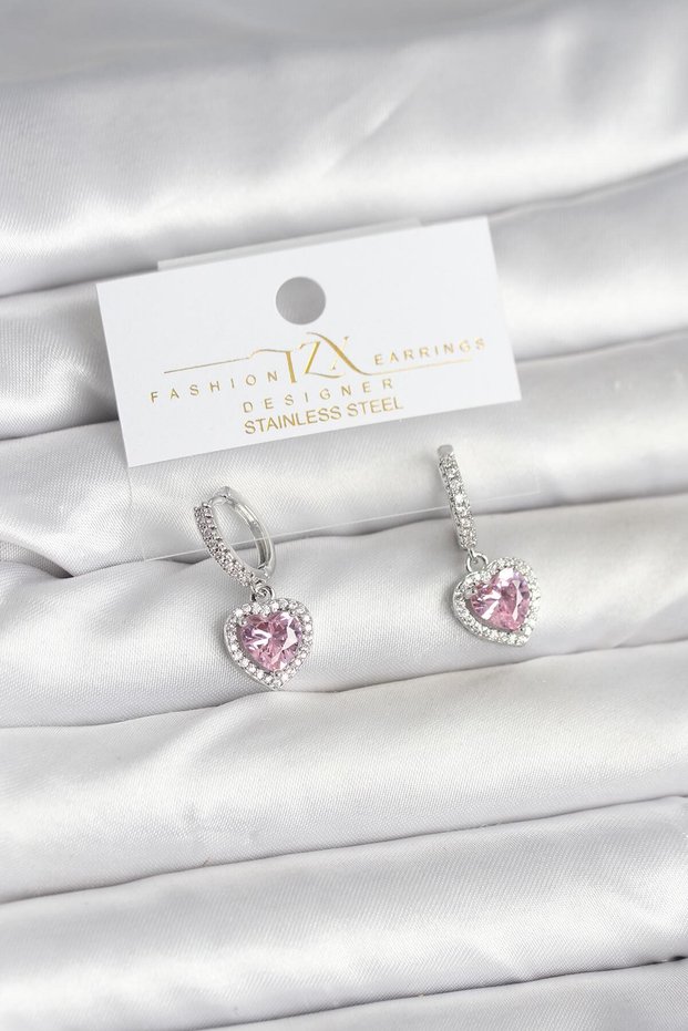 Brass Silver Pink Color Zircon Stone Heart Model Women's Earrings Tj-Bkp11395