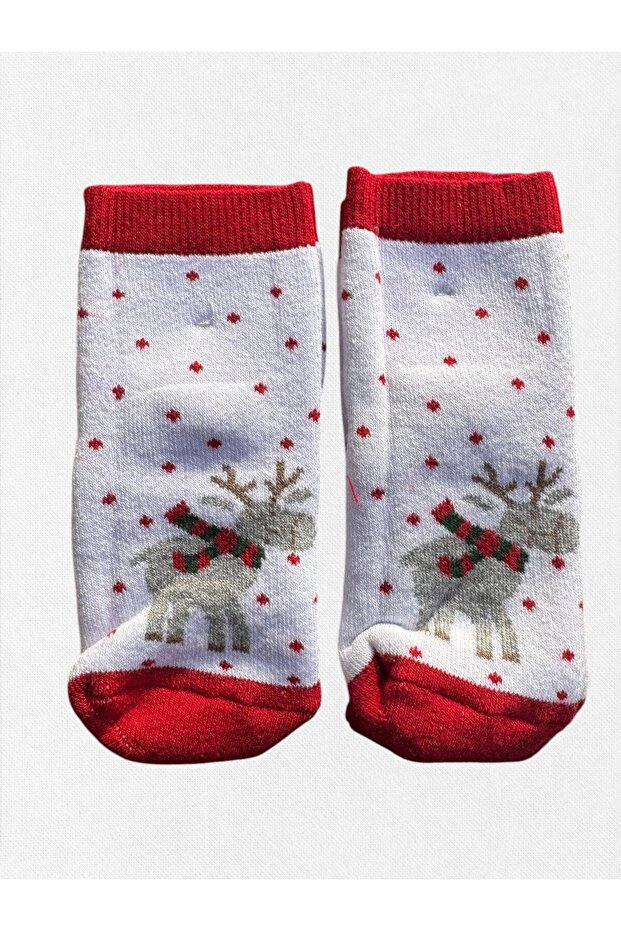 Children's Red and White Deer Patterned New Year Themed Washed Perfumed 2-Piece Winter Towel Socks