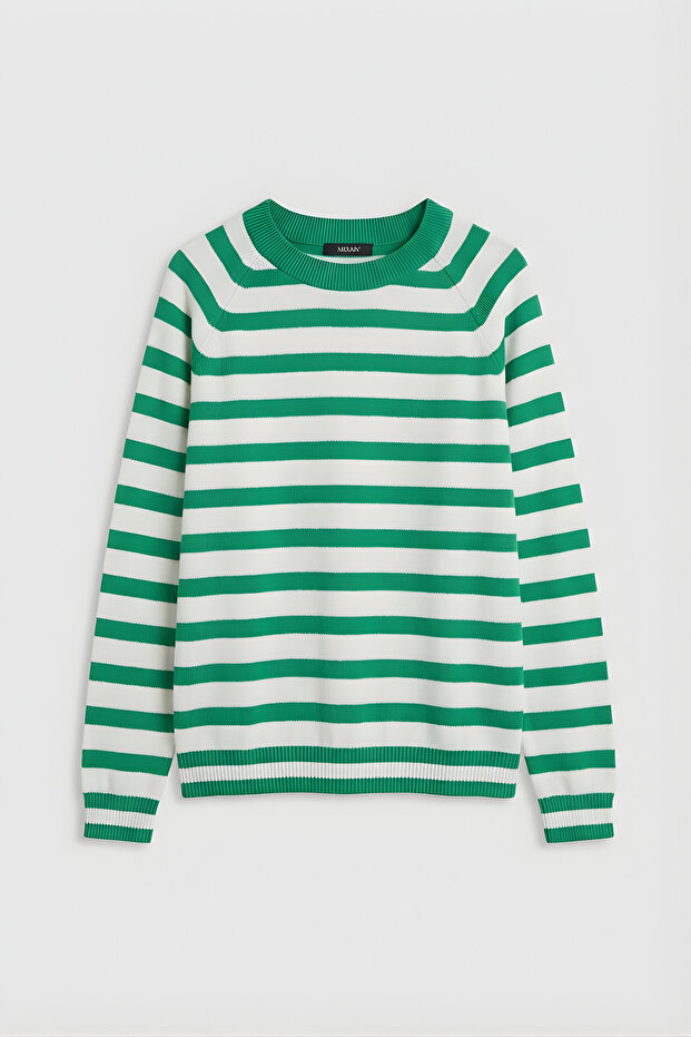 Colorful Striped Crew Neck Slim Sweater - Green