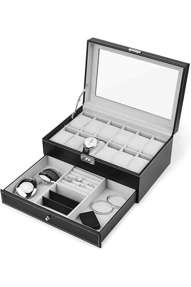 Double Layer Jewelry Box with Drawer Case For Watch, Black