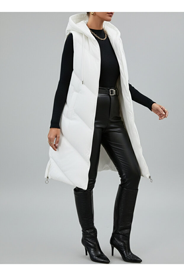 Women's White Long Puffer Vest Hooded Side Zipper Detail Winter
