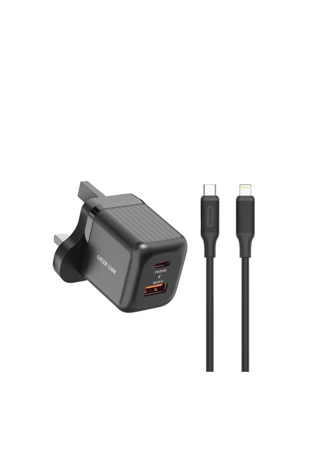 Ultra Compact GaN Wall Charger UK Pin (C to Lightning) PD 20W + QC3.0 Fast Charger