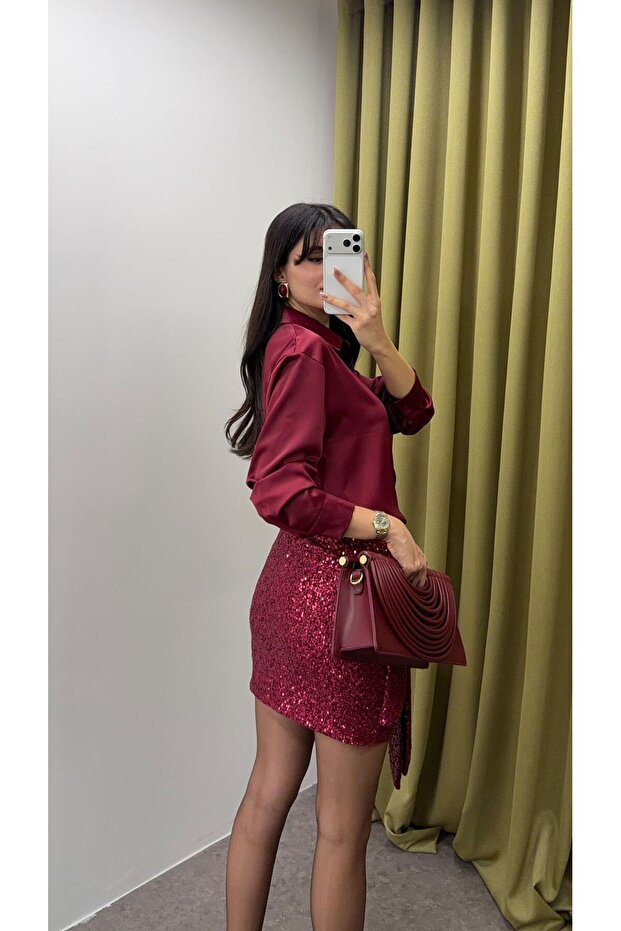 Bağlamalı Bordo Pullu Etek - 3