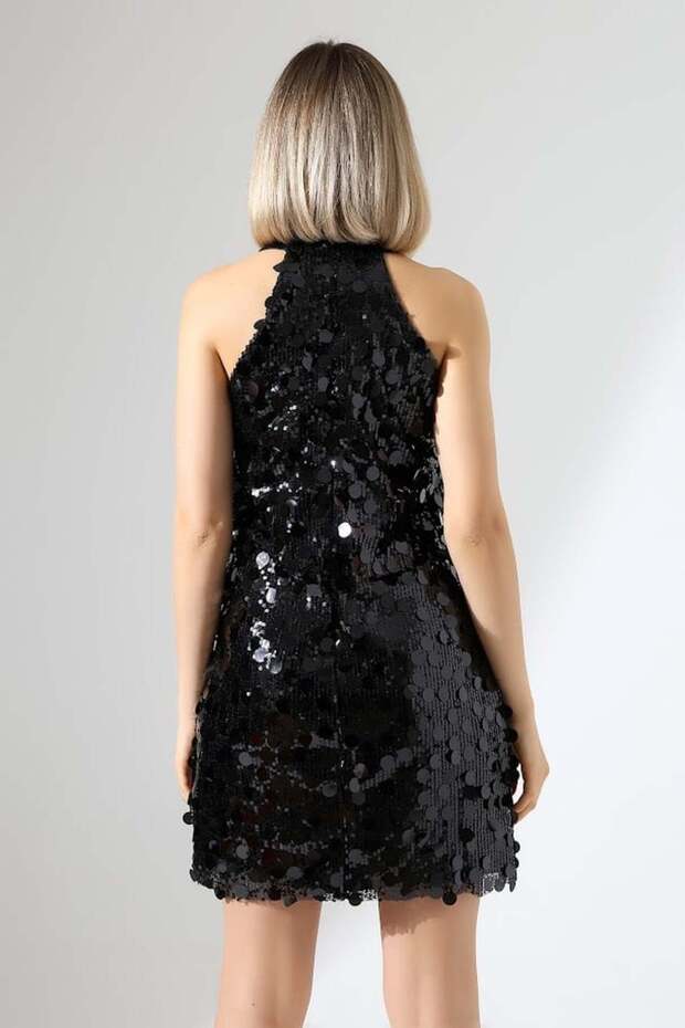 Halter Yaka Payetli Mini Elbise - 5