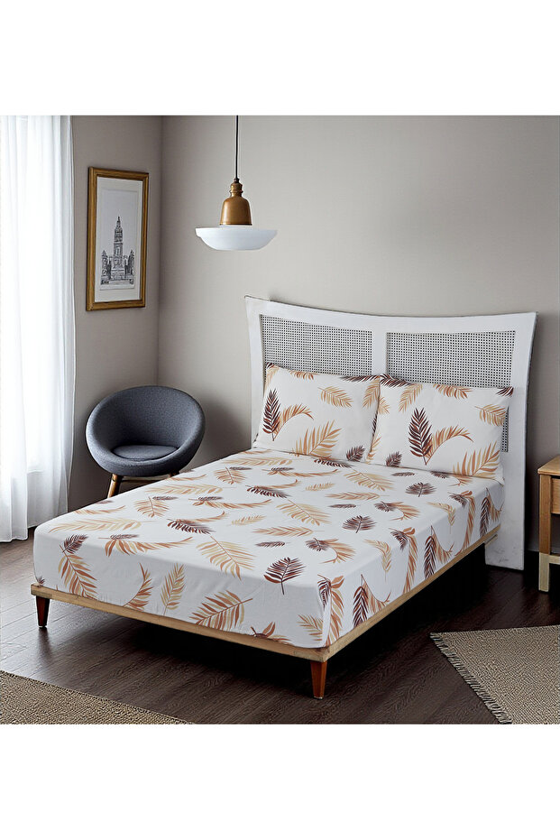 ملاءة مطاطية مزدوجة من قماش Ranforce بنمط أوراق الشجر و2 غطاء وسادة - 1