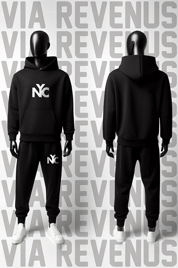 Nyc Printed 3-Thread Fleece-Lined Hooded Tracksuit Set