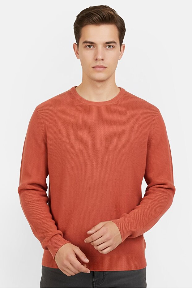 Men Crew Neck Textured Long Sleeve Sweater, Rusty Orange