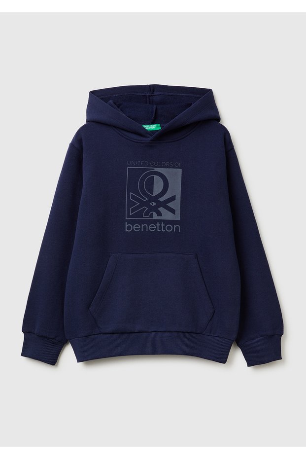 Boy's Navy Blue Front Logo Printed Pocket Ribbed Hooded Sweatshirt