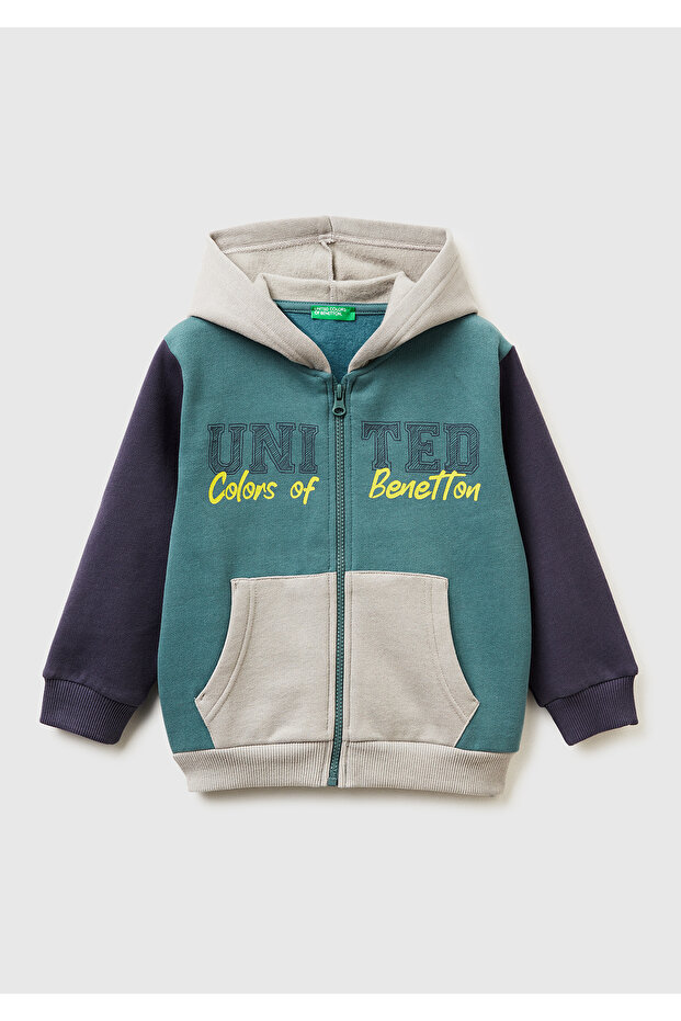 Boy's Dark Green-Grey Front Logo Printed Zippered Regular Fit Hooded Sweatshirt