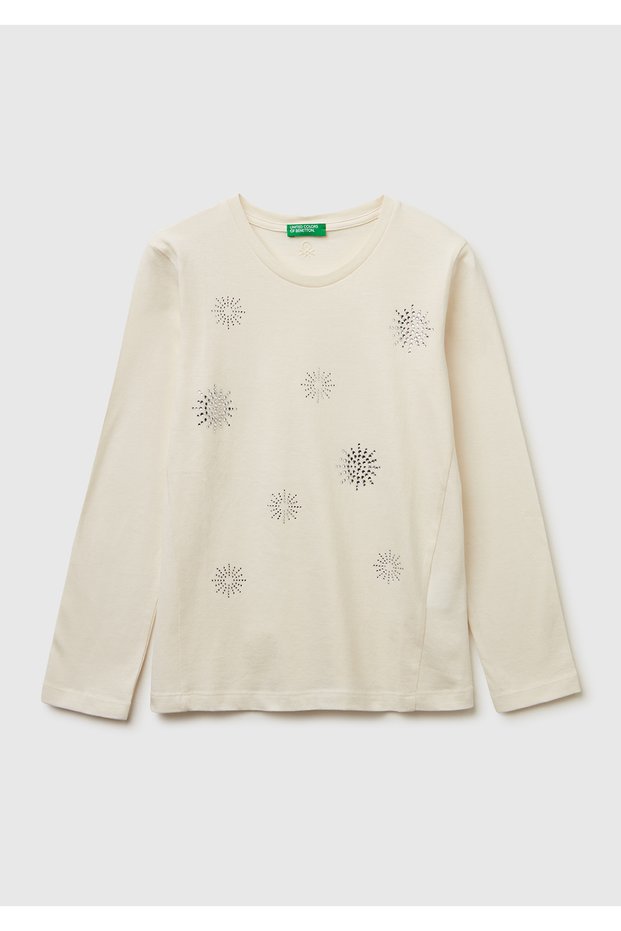 Girl's Ecru Regular Fit Long Sleeve T-Shirt with Crystal Appliqué on the Front