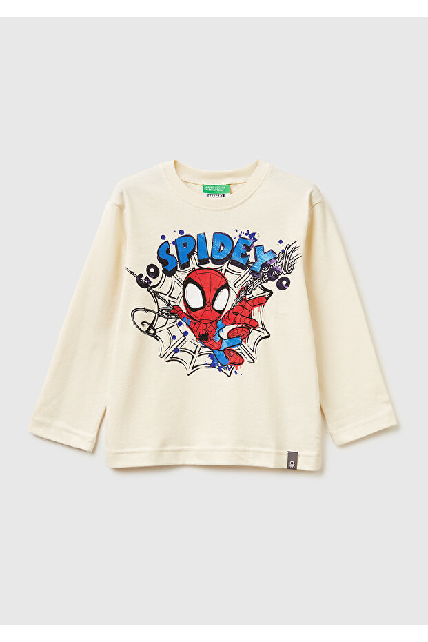 Boy's Cream Spiderman Printed Logo Label Long Sleeve T-Shirt