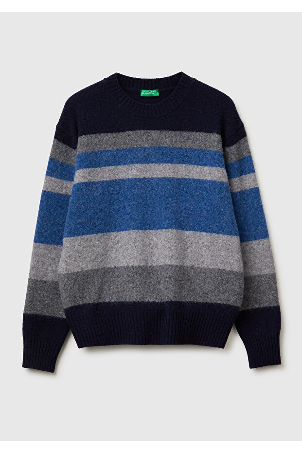 Men's Navy Blue 100% Wool Color Block Crew Neck Sweater