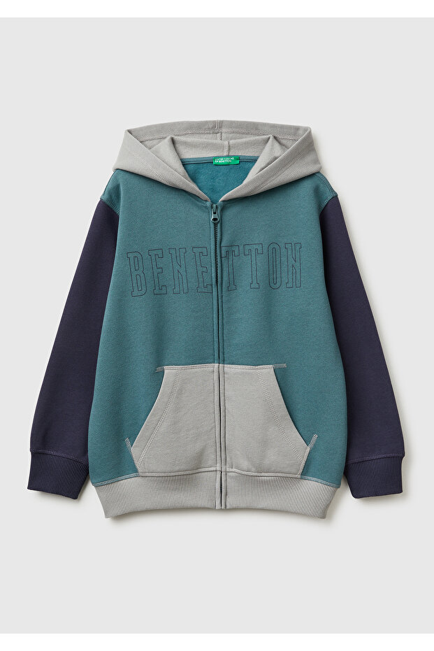 Boy's Dark Green-Grey Front Logo Printed Pocket Zippered Fleece-Lined Sweatshirt