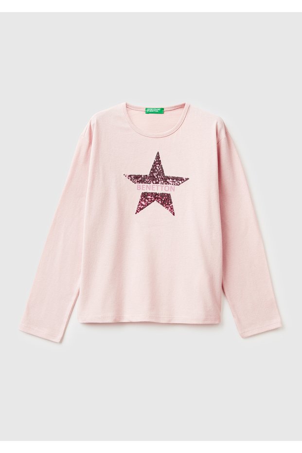 Girl's Dusty Pink Graphic Sequin Embroidered Regular Fit Long Sleeve T-Shirt