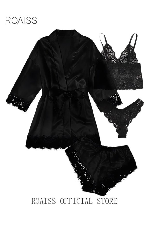 4 Pack Women's Nightwear Sets Silk Satin Sleepwear Pajama Summer Home Wearing Clothes Suits Embroide