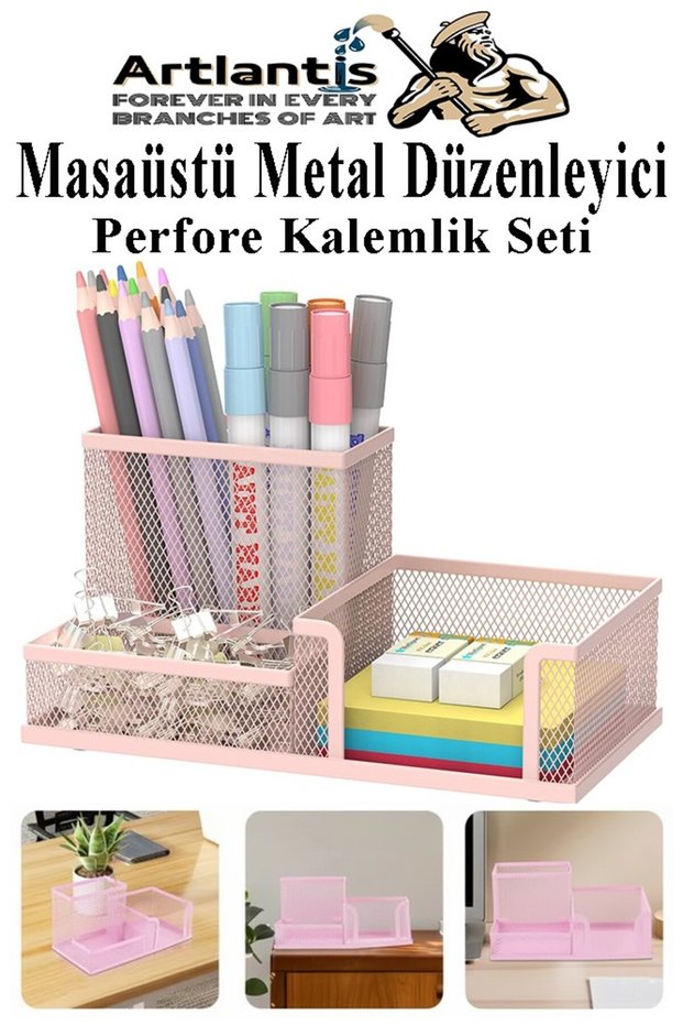 Desktop Metal Pen Holder Set 3-Piece Combo 1 Pack Mesh Perforated Pastel Colored Pen Holder Paper Holder Cube
