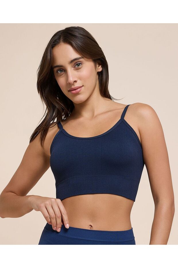 Women'S Navy Blue Ribbed Padded Sports Bra