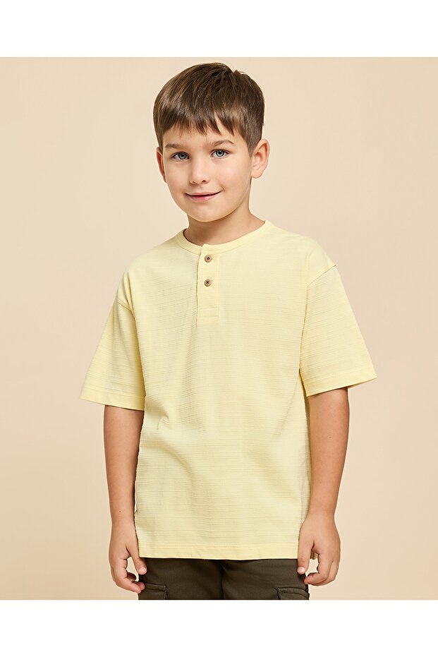 Textured T-Shirt With Henley Neck And Short Sleeves