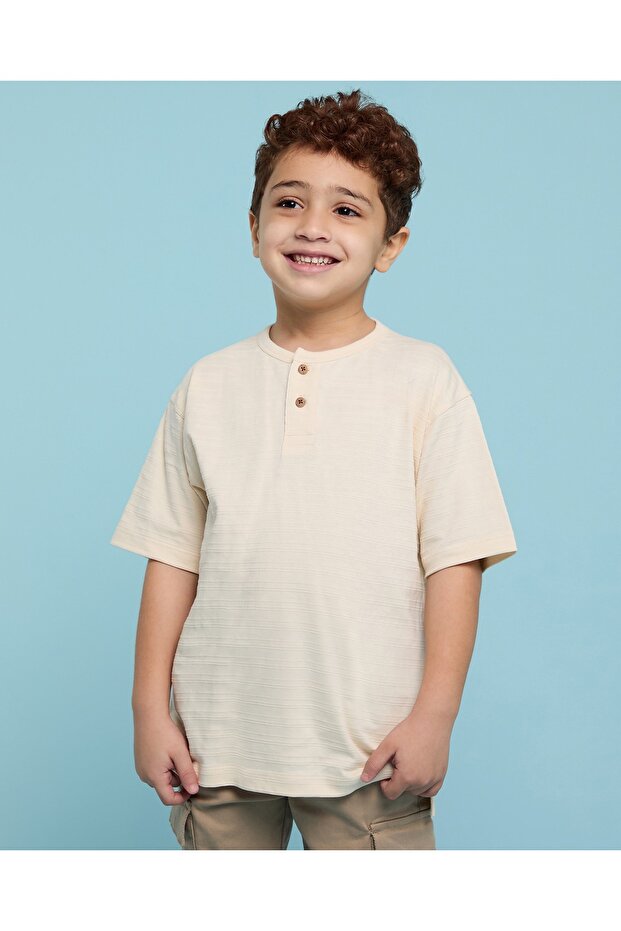 Textured T-Shirt With Henley Neck And Short Sleeves