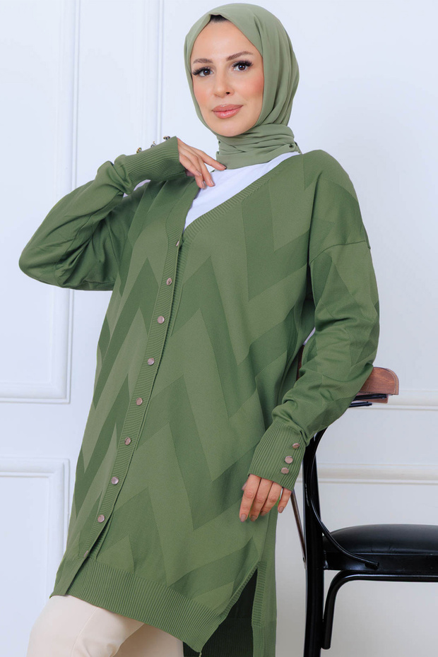 Patterned Long Mercerized Cardigan N3193 Çağla