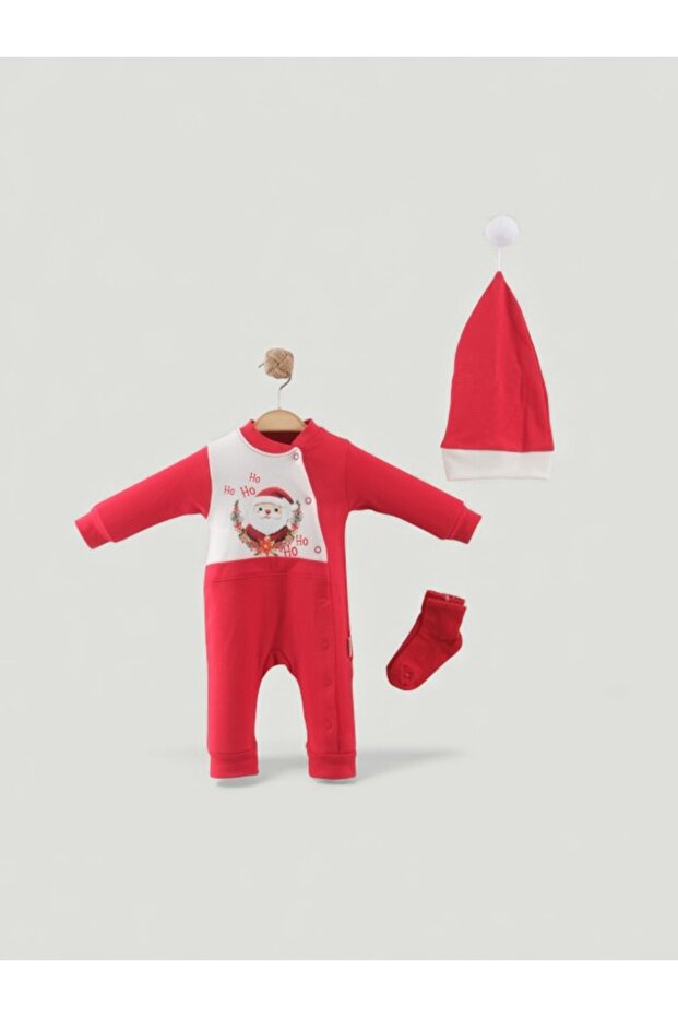 100% Cotton Santa Claus Christmas Themed Hat and Snapback Baby Romper Set (with Socks as a Gift)