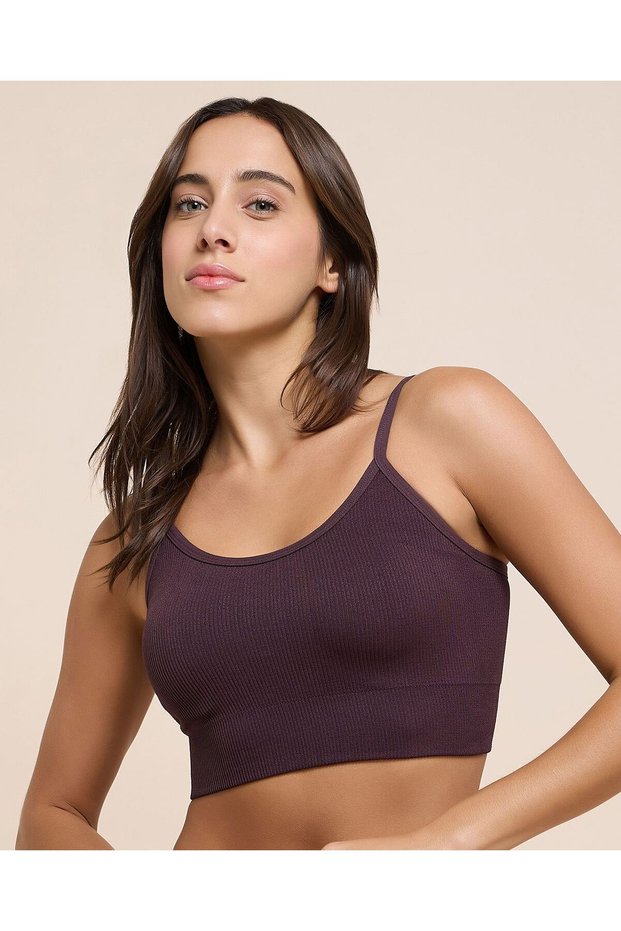 Women'S Dark Brown Ribbed Padded Sports Bra