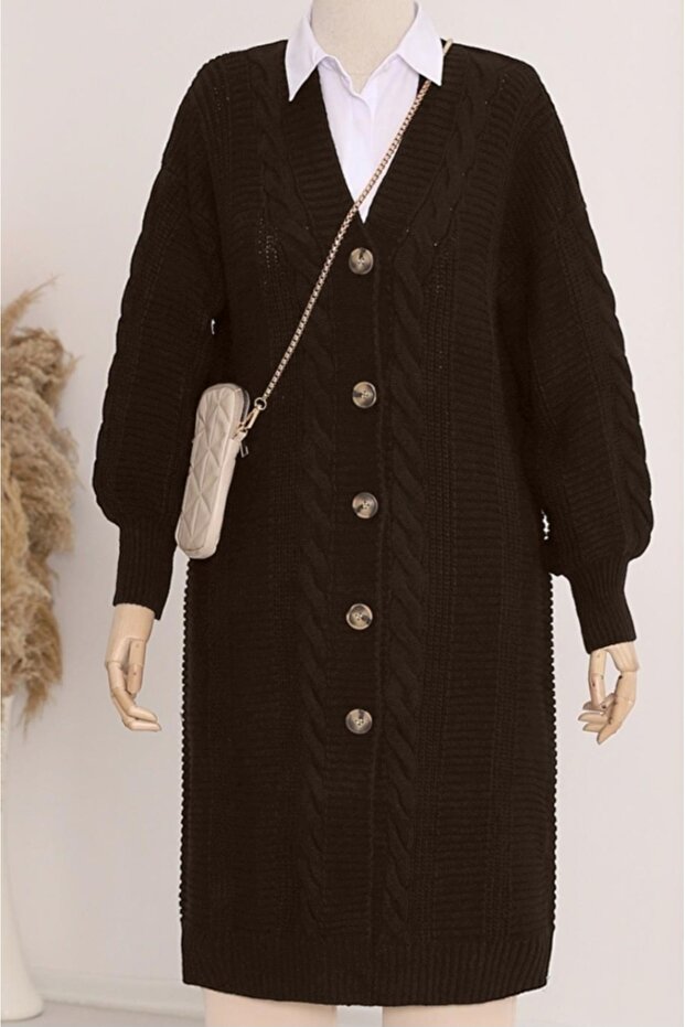 Long Sleeve Buttoned Knit Cardigan with Hair Braid Detail