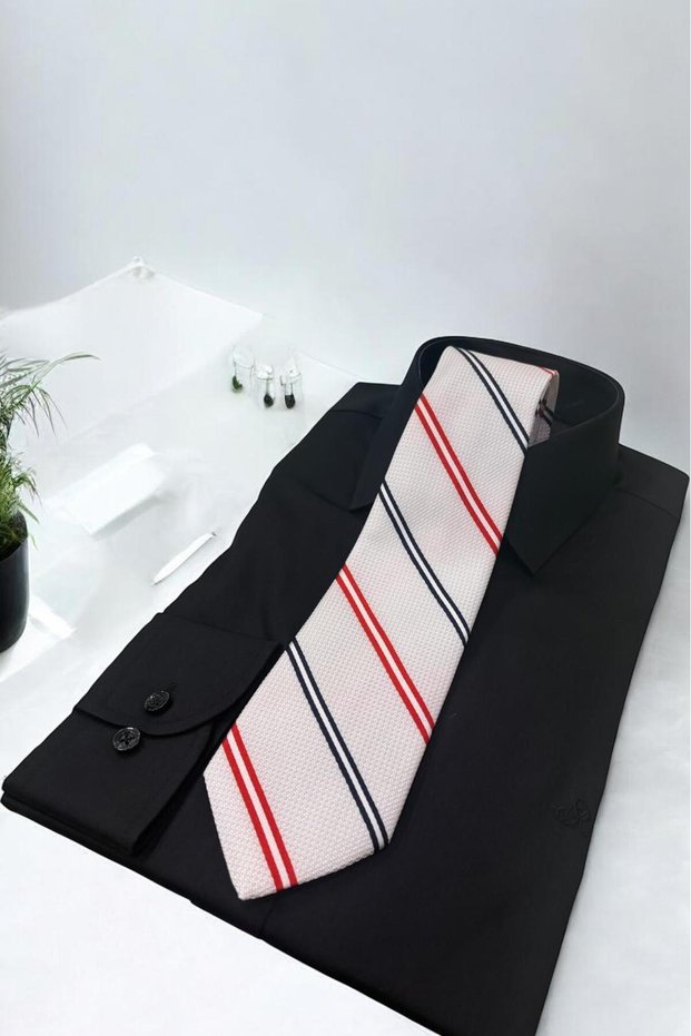 Microfibre 8 cm Striped White-Black-Red Tie Kr-97