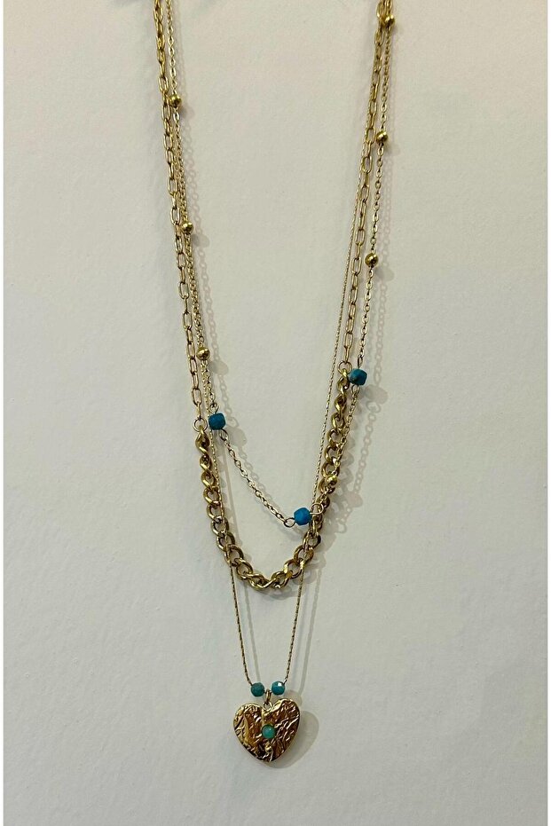 Steel Triple Chain Heart Gold Necklace
