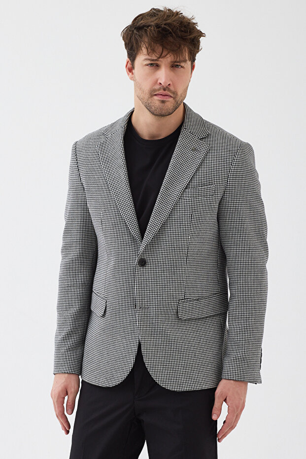 Sarino Men's Black-Grey Cotton Blend Stretch Houndstooth Patterned Slim Fit Sports Blazer Jacket