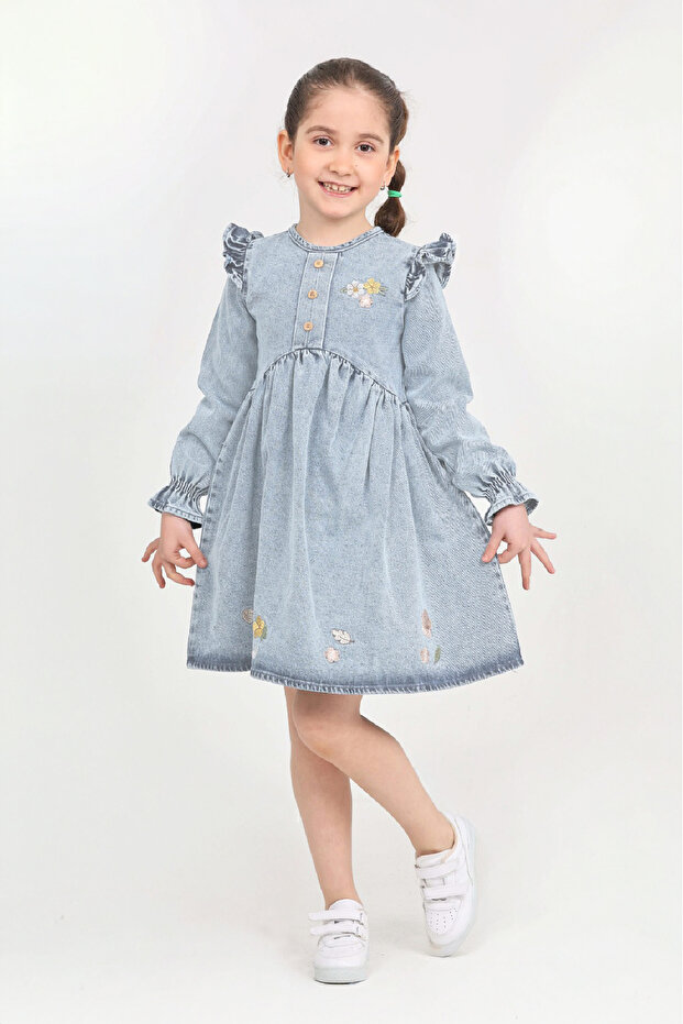 Girls' Daisy Embroidered Shoulder-Ruffle Jean Dress 12466