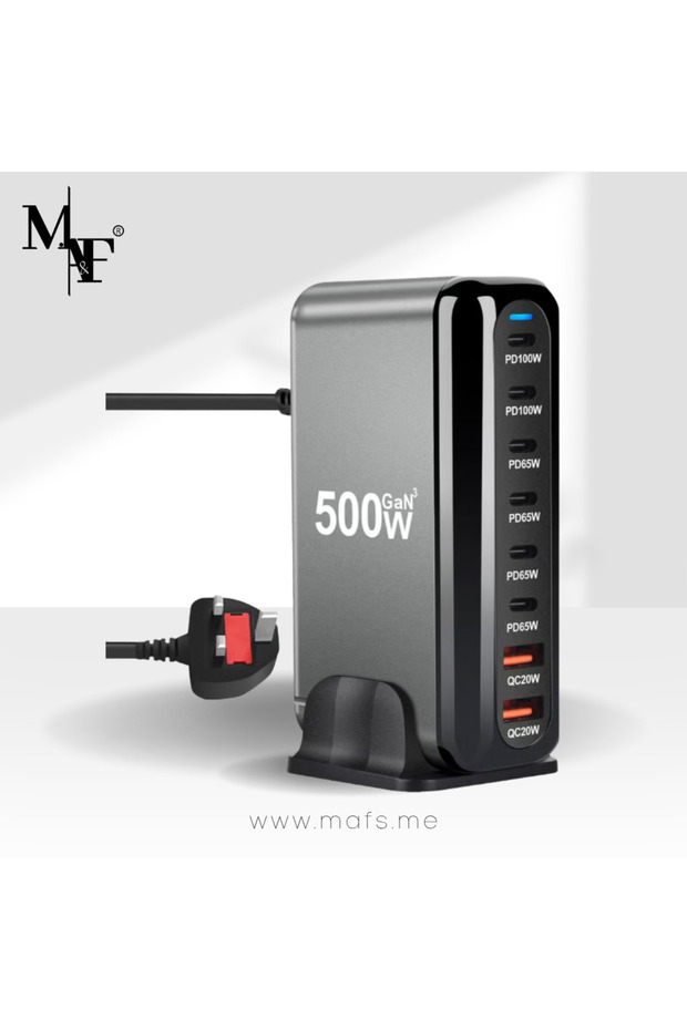 M.A&F 500W USB-A & USB-C Charging Station, 6 Type-C (2×100W,4×65W) + 2 USB (QC20W), GaN, 1.5m, Bla