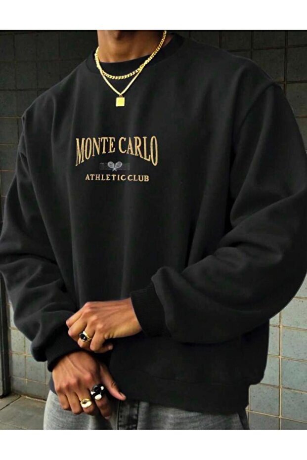 Monte Carlo Printed Crew Neck Fleece-Lined Plain Sweatshirt Black