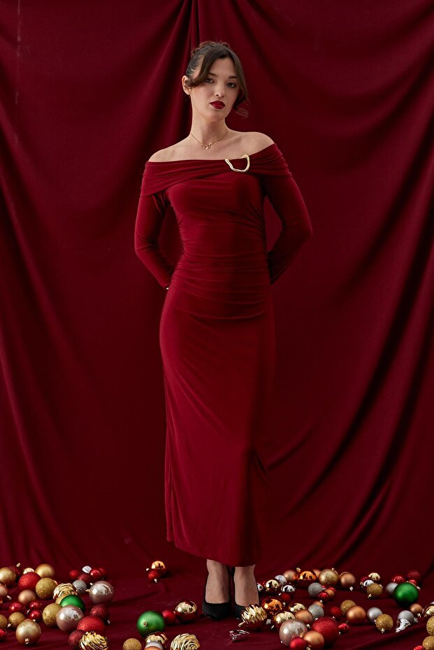 Madonna Collar Buckle Long Dress Bordo