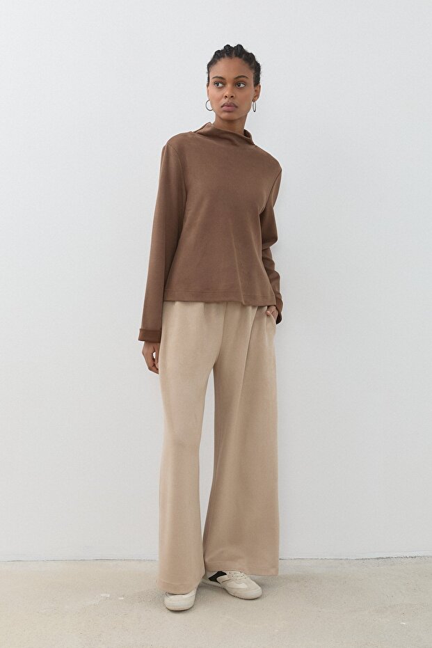 Dik Yaka Basic Cupra Süet Bluz Vizon - 3