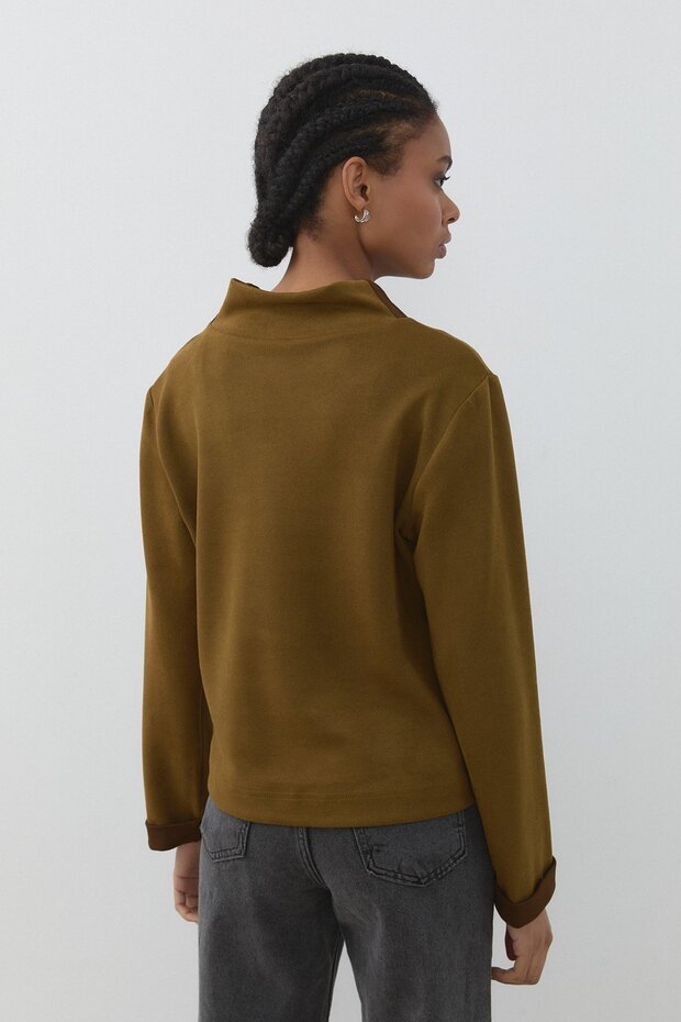 Dik Yaka Basic Cupra Süet Bluz Olive - 4