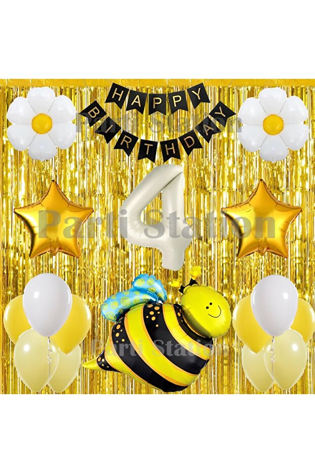 Bee and Daisy Concept 4 Year Old Birthday Party Balloon Set