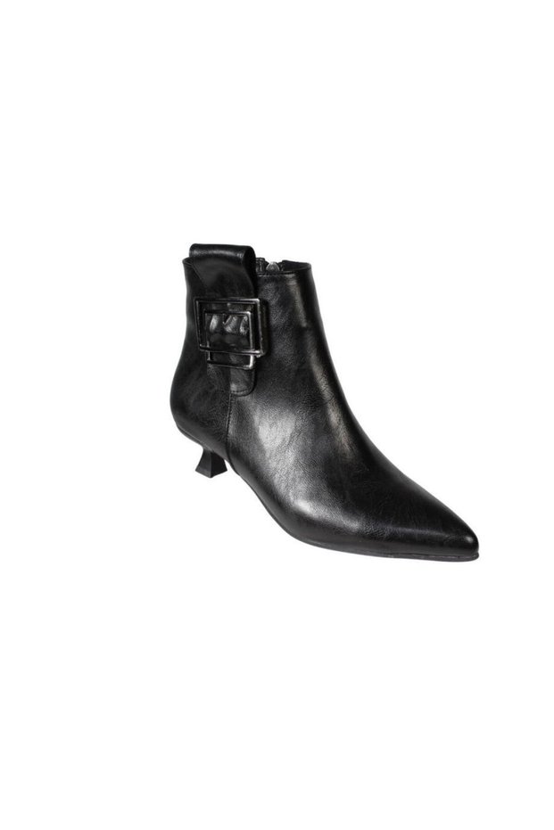Yazkiş Women's Black Leather Square Buckle Pointed Toe 4cm Thin Hazelnut Heel Boots