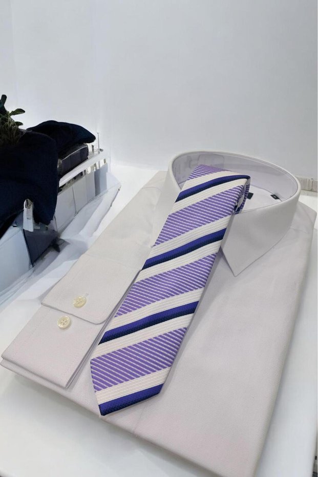 Microfibre 7 cm Striped Purple-White Tie Kr-30